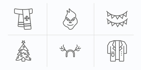 christmas outline icons set. thin line icons such as scarfs, , celebration garlands, christmas, reindeer antlers, doctor coat vector.