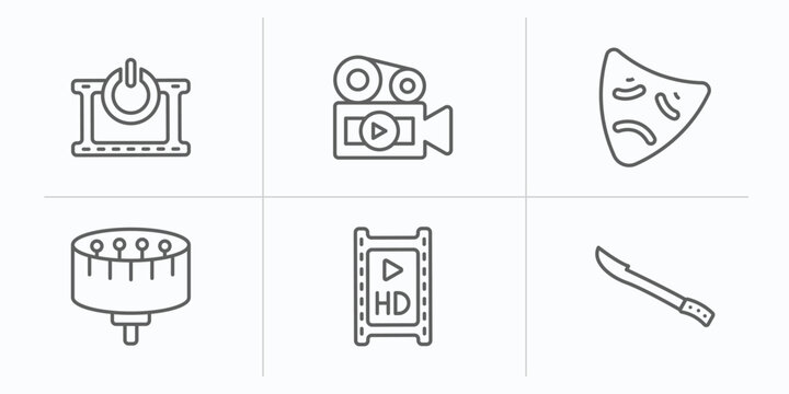cinema outline icons set. thin line icons such as turn on, footage, tragedy, zoetrope, hd movie, hete vector.