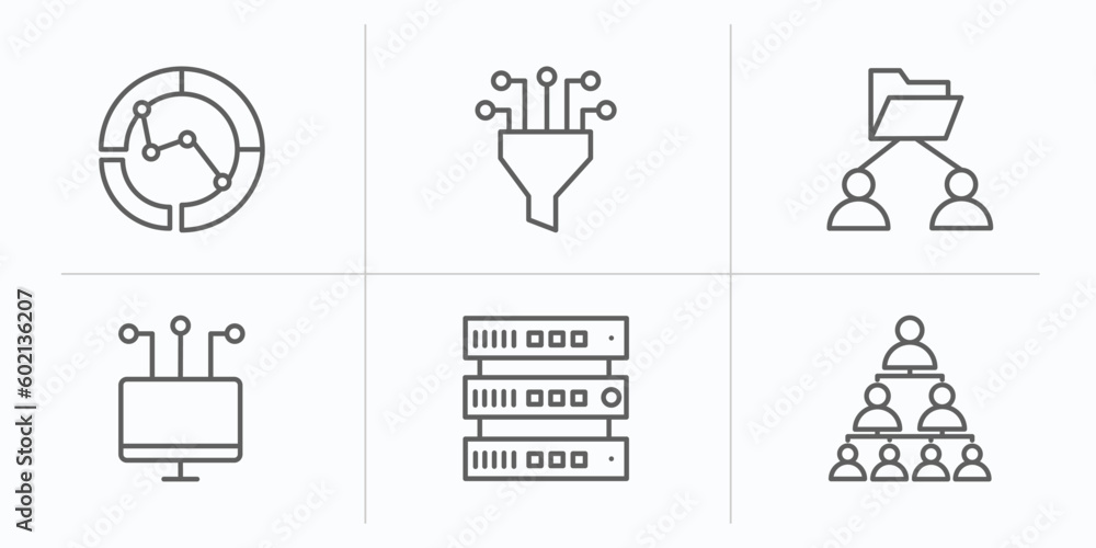 Poster business and analytics outline icons set. thin line icons such as merge charts, funneling data, user