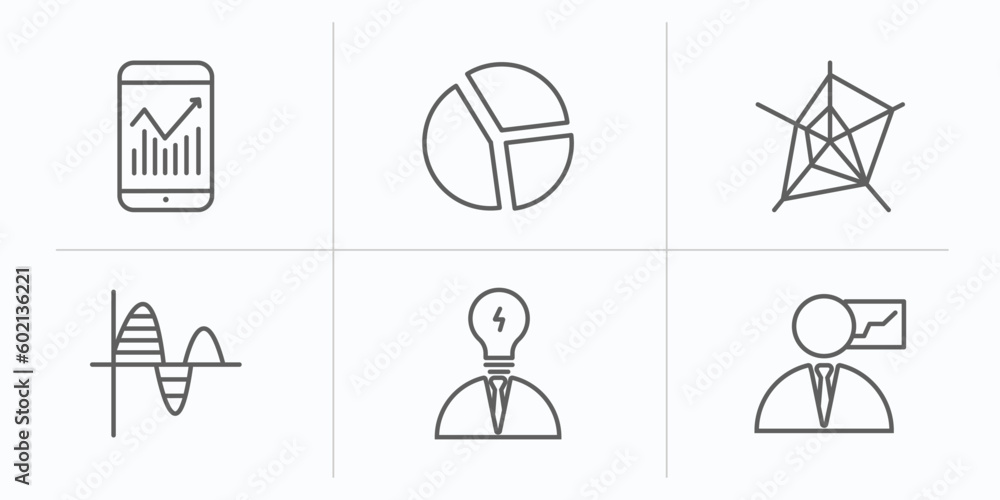 Poster business and analytics outline icons set. thin line icons such as mobile analytics, circular chart, 