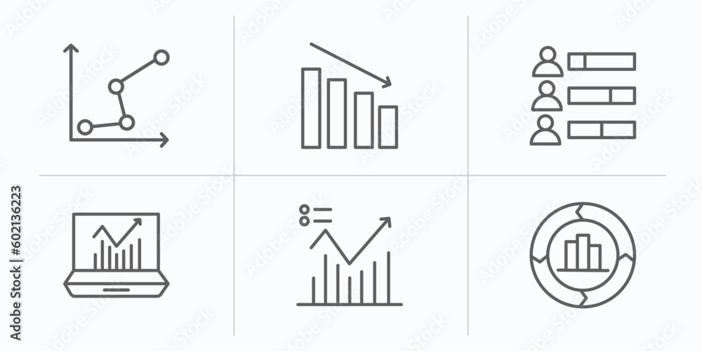 Poster business and analytics outline icons set. thin line icons such as charts, depleting chart, user stat