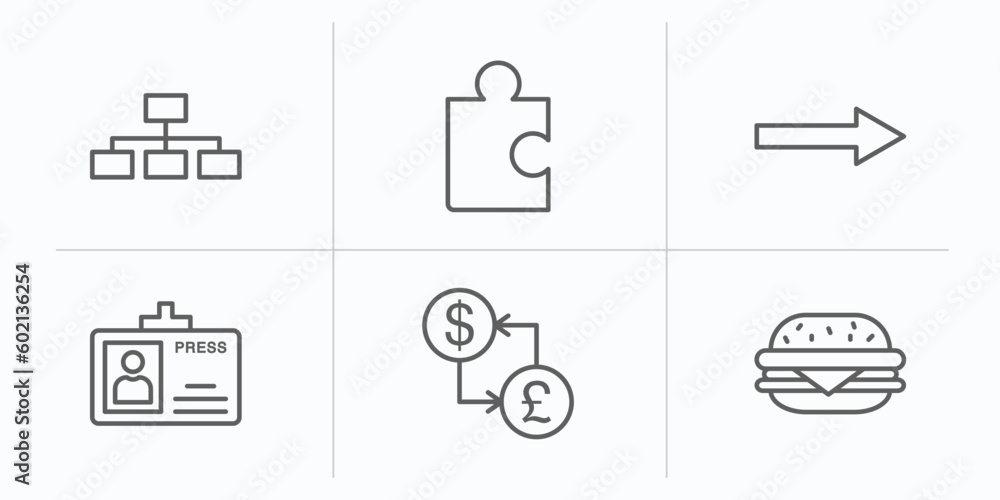 Poster business outline icons set. thin line icons such as hierarchy structure, puzzle game piece, graphic 