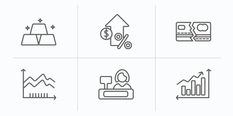business outline icons set. thin line icons such as ingot, increase rate, broken credit card, spike chart, supermarket cashier, profit chart vector.