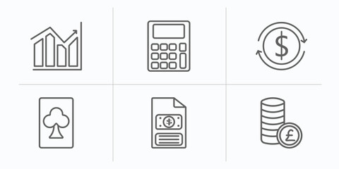 business outline icons set. thin line icons such as bars graphic, calculator maths tool, return of investment, club card, bailment, pounds coins stack vector.