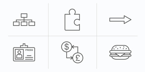 business outline icons set. thin line icons such as hierarchy structure, puzzle game piece, graphic arrow, journalist id card, currencies, basic burger vector.