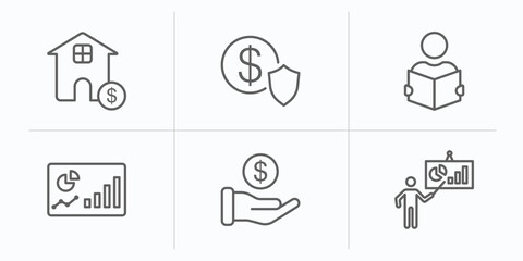 business outline icons set. thin line icons such as mortgage loan, safe money, reader, progress report, finance, graphic panel and man vector.