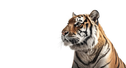 A tiger head looking left to white background with copy space on the left. Generative AI