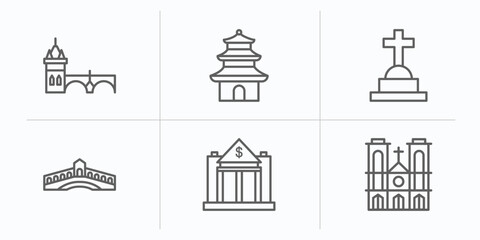 Naklejka premium buildings outline icons set. thin line icons such as charles bridge, buddhist temple, christian cemetery, rialto bridge, reserve bank, notre dame vector.