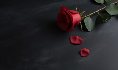 A red rose sits on a black surface top view picture with a black background. Generative AI