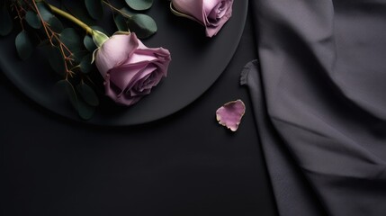 A black plate with a black piece of cloth top view picture with light purple roses on it. Generative AI - obrazy, fototapety, plakaty