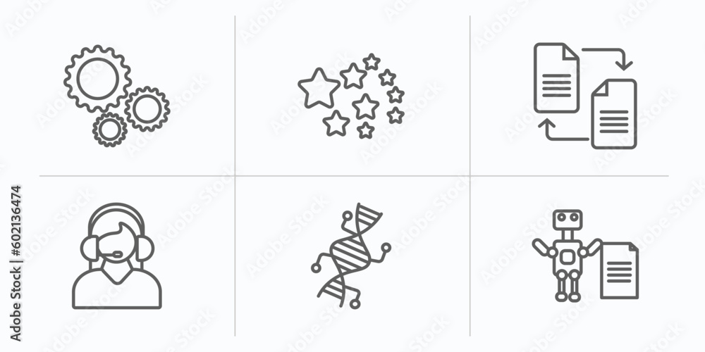 Poster artificial intellegence outline icons set. thin line icons such as hine, outer space, file transfer,