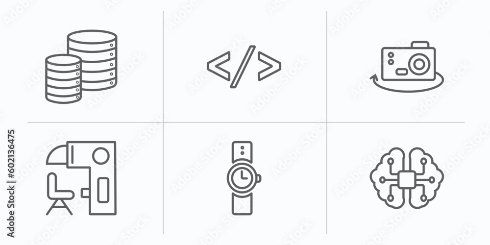 Poster artificial intellegence outline icons set. thin line icons such as database, code, ar camera, sensor