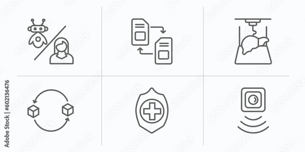 Poster artificial intellegence outline icons set. thin line icons such as robots and humans, memory transfe
