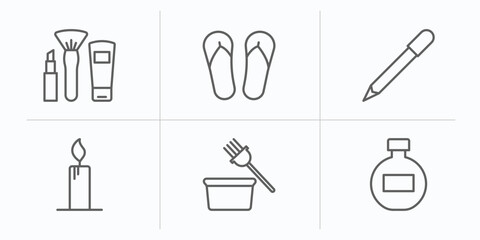 beauty outline icons set. thin line icons such as makeup, two flip flops, eye pencil, candle light, tint bowl, round perfume bottle vector.