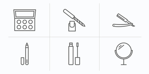 beauty outline icons set. thin line icons such as eye shadow, pedicure, straight razor, eyeliner, concealer, makeup mirror vector.