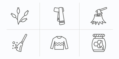 autumn outline icons set. thin line icons such as rosa canina, scarf, woodcutter, broom, sweater, honey vector.