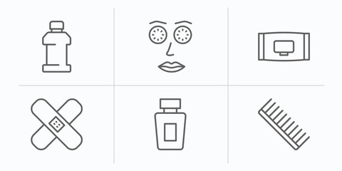 beauty outline icons set. thin line icons such as mouthwash, cucumber slices on face, wipes, patches, french perfume, inclined comb vector.
