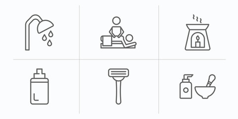 beauty outline icons set. thin line icons such as shower place, relaxing massage, aromatherapy, baby powder, shaving, spa tools vector.