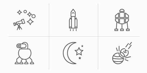 astronomy outline icons set. thin line icons such as astronomy, space shuttle, space lander, space robot, crescent moon, collision vector. © IconArt