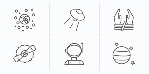 astronomy outline icons set. thin line icons such as space junk, ufo flying, abduction, gamma ray, astronaut ingravity, uranus with satellite vector. © IconArt