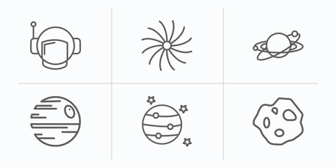 astronomy outline icons set. thin line icons such as astranaut helmet, milky way, galaxy, death star, jupiter with satellite, asteroid vector.