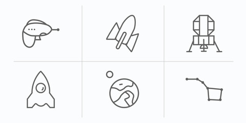 astronomy outline icons set. thin line icons such as gun blaster, rocket start, lander, space ship, earth and moon, constellation vector. © IconArt