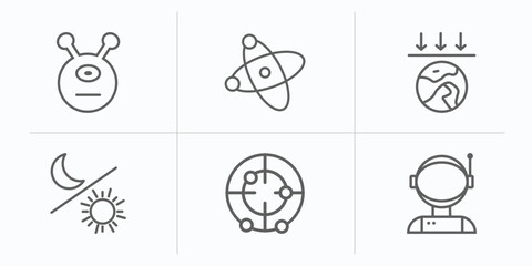astronomy outline icons set. thin line icons such as alien, galaxy view, aerosphere, day and night, radar pointing up, astronaut user vector.