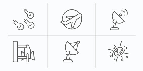 astronomy outline icons set. thin line icons such as meteorites, aerospace, radar system, spaceport, big satellite, supernova vector.