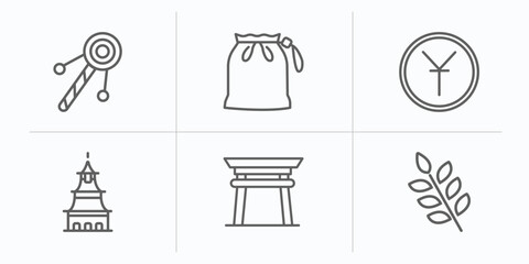 asian outline icons set. thin line icons such as bolang gu, pouch, yuan, temple of heaven, torii gate, spike vector.