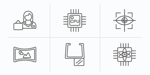 artificial intellegence outline icons set. thin line icons such as shop assistant, cpu, eye tracking, immersive, ar monocle, quantum computing vector.