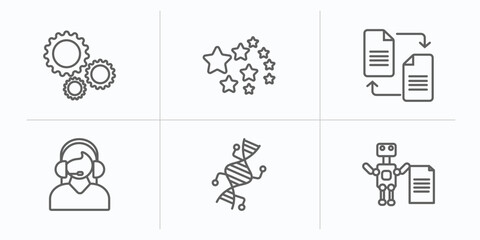 artificial intellegence outline icons set. thin line icons such as hine, outer space, file transfer, assistant, genetic modification, laws of robotics vector.