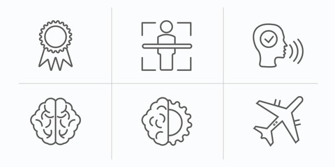 artificial intellegence outline icons set. thin line icons such as recognition, body scan, voice recognition, brain, deformity, aeroplane vector.