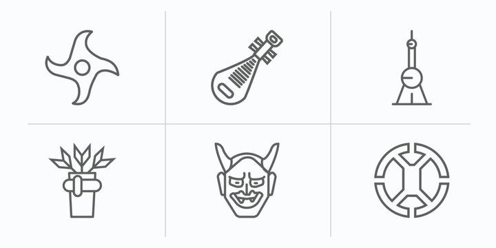 asian outline icons set. thin line icons such as shuriken, pipa, oriental pearl tower, quiver, hannya, mizu gumo vector.