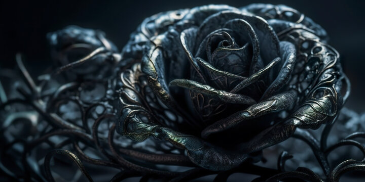 A black rose with gold leaves and a black background. Black Rose flower close up dark roses. Full beautiful knitted rose black vantablack stem. 3D realistic illustration. Generative AI