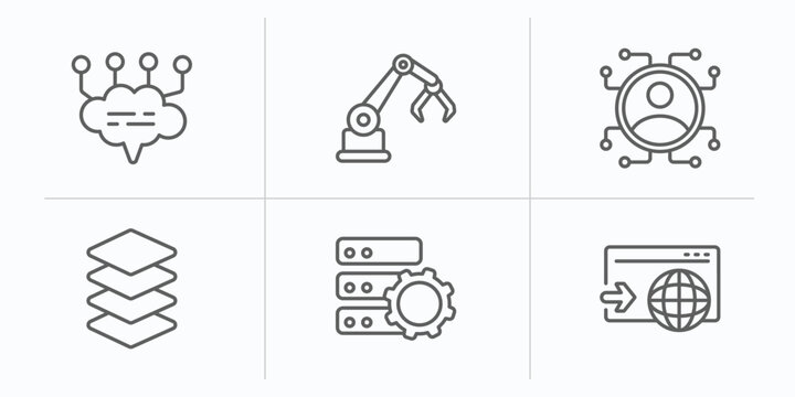 artificial intelligence outline icons set. thin line icons such as chat, mechanical arm, users, layers, efficiency, visit vector.