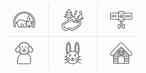animals outline icons set. thin line icons such as hibernation, pond, leash, poodle, cute bunny head, kennel vector.