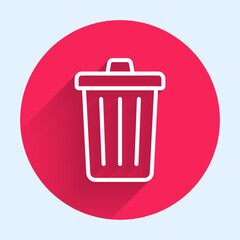 White line Trash can icon isolated with long shadow background. Garbage bin sign. Recycle basket icon. Office trash icon. Red circle button. Vector