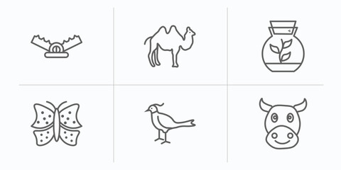 animals outline icons set. thin line icons such as trap, humps, terrarium, insect, pheasant, cows vector.