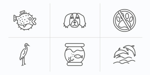 animals outline icons set. thin line icons such as blowfish, pekingese, no dogs, heron, fishbowl, dolphins vector.