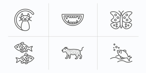 animals outline icons set. thin line icons such as black cat, monster mouth, buttefly, japan koi fish, leopard, fishes in the ocean vector.