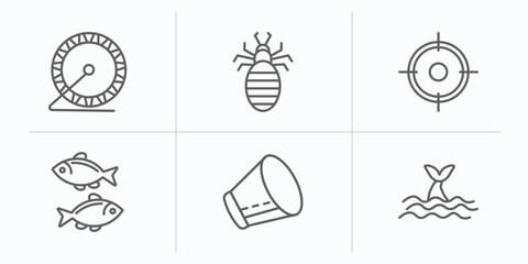 animals outline icons set. thin line icons such as hamster ball, louse, hunt, two golden carps, elizabethan collar, whale zone vector.