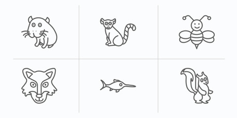 Naklejka premium animals outline icons set. thin line icons such as capybara, lemur, bee, wolf, swordfish, skunk vector.