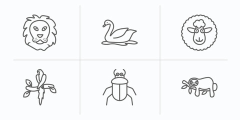 animals outline icons set. thin line icons such as lion, swan, female sheep, aw, beetle, sloth vector.