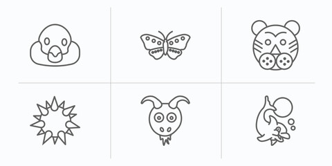 animals outline icons set. thin line icons such as snigir, butterfly with wings, tiger, sea urchin, goat, dolphin jumping vector.