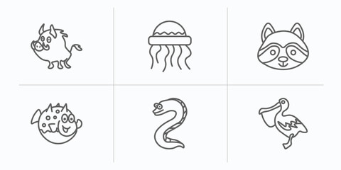 animals outline icons set. thin line icons such as boar, medusa, racoon, globe fish, moray, pelican vector.