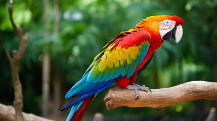 Naklejka na ściany i meble Beautiful parrot sitting on a branch and blurred jungle in background. World Parrot Day