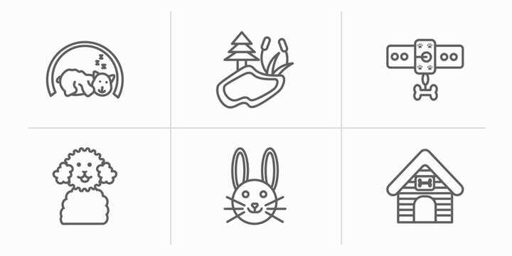 animals outline icons set. thin line icons such as hibernation, pond, leash, poodle, cute bunny head, kennel vector.