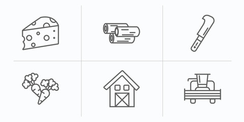 agriculture farming outline icons set. thin line icons such as cheese, wood logs, billhook, carrots, shed, combine harvester vector.