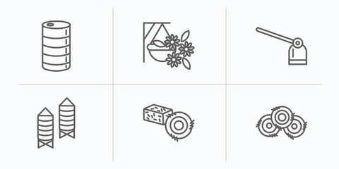 agriculture farming outline icons set. thin line icons such as barrell, hanging pot, hoe, silo, hay roll, bale vector.
