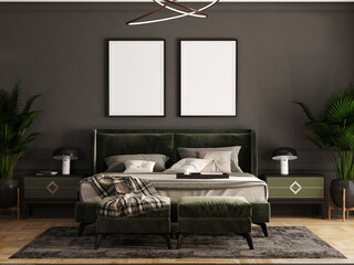 Poster tow frame dark black bedroom modern interior picture in minimalist style with wooden frames and paintings on the wall - 3D rendering